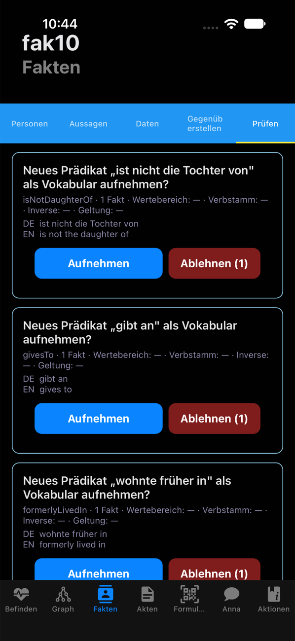 Die große KI schlägt neue Beziehungen vor: „ist nicht die Tochter von“, „gibt an“, „wohnte früher in“.